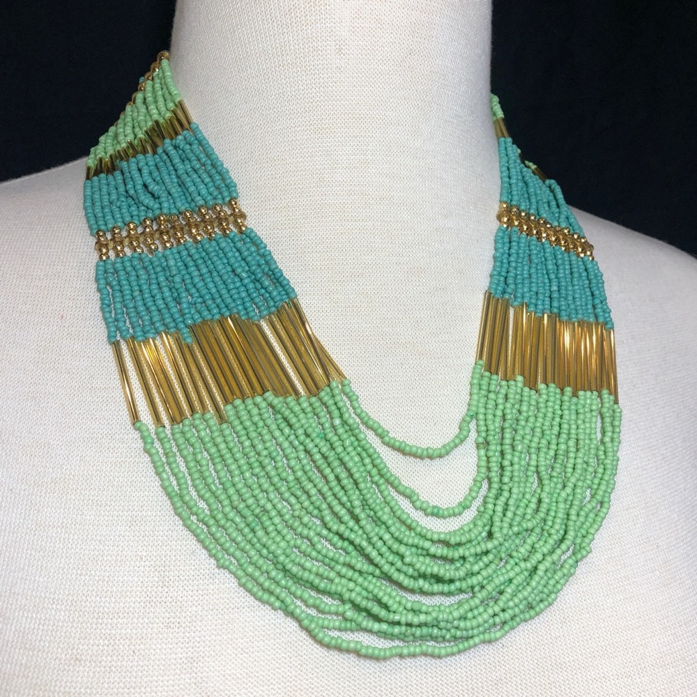 Green Tones Seed Bead Layered Necklace Earring Set - Picture 3 of 3